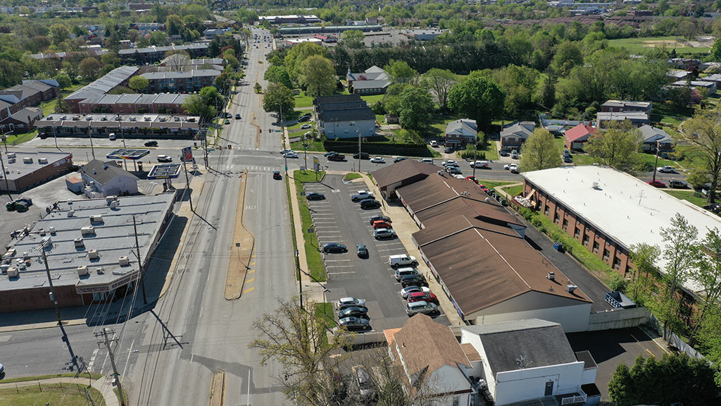 Aerial view of Camelot Shopping Center showing intersection of Red Lion and Verree Roads