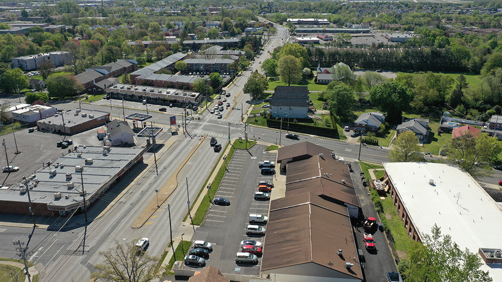 Aerial view of Camelot Shopping Center and major roads