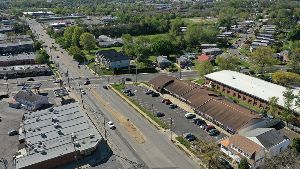 Aerial view of Camelot Shopping Center and the surrounding area