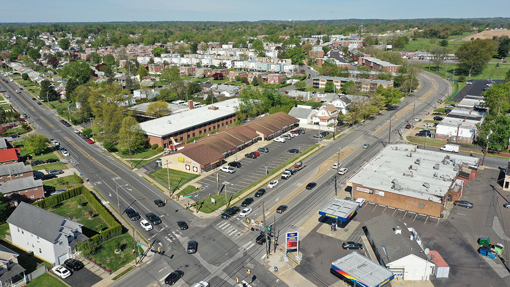 Aerial view of Camelot Shopping Center and surrounding Bustleton neighborhood