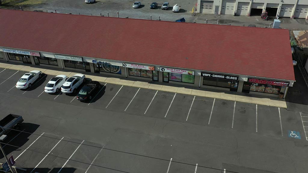 Grant Shopping Center in Northeast Philadelphia. Aerial view showing the parking lot