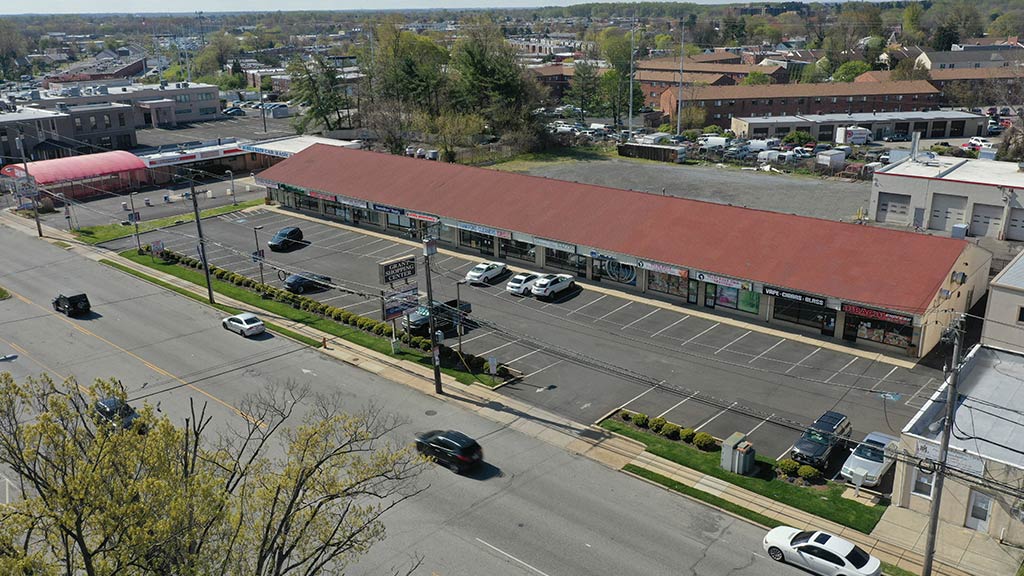 Grant Shopping Center aerial view of the shopping center and cars along Grant Avenue