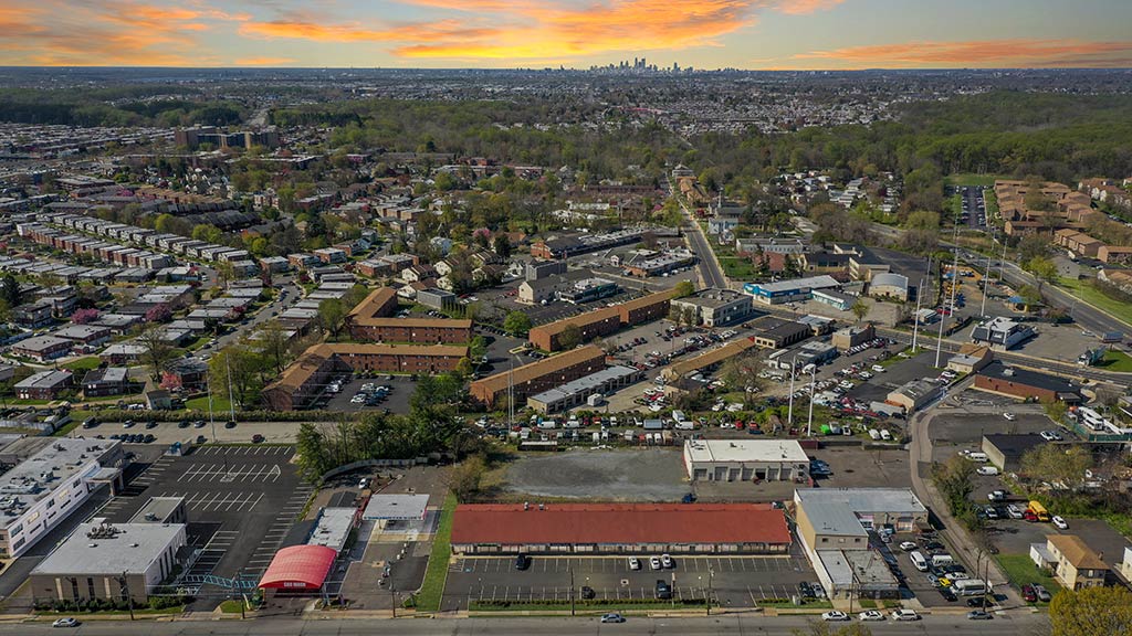 Grant Shopping Center aerial view of shopping center and surrounding area at sunset